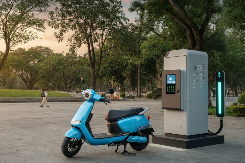 Xe máy điện VinFast bên trụ đổi pin trong khu phố xanh