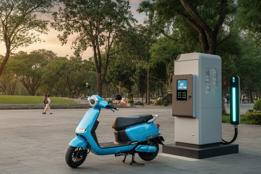 Xe máy điện VinFast bên trụ đổi pin trong khu phố xanh