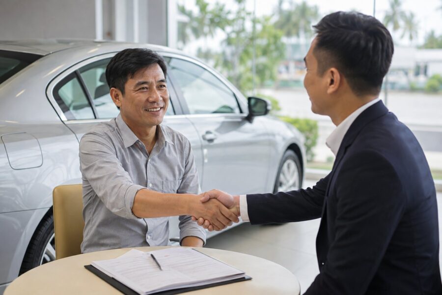 Giao dịch bán xe ô tô cũ tại đại lý ở Vĩnh Long