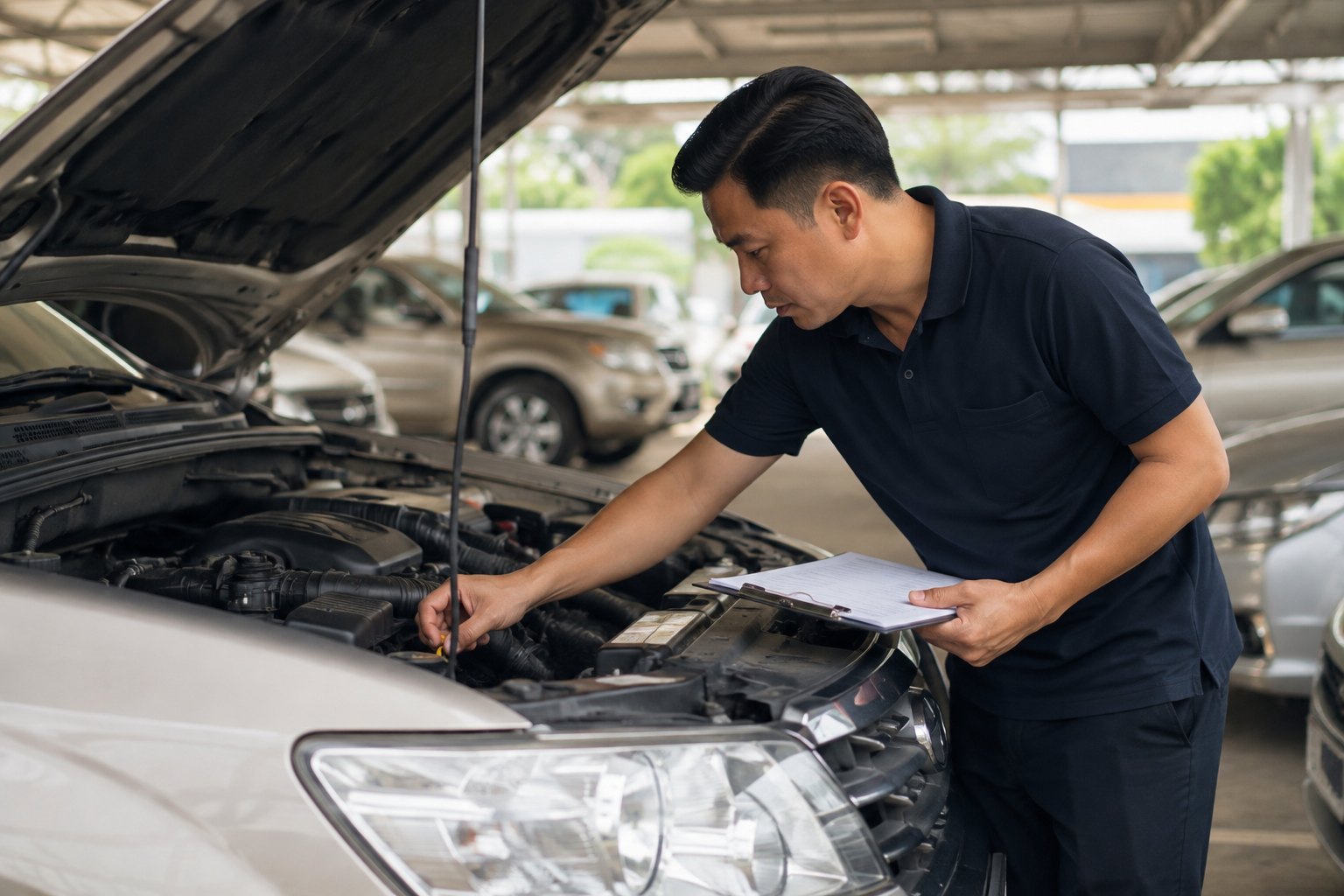 Nhân viên kiểm tra, định giá xe ô tô cũ trước khi thu mua