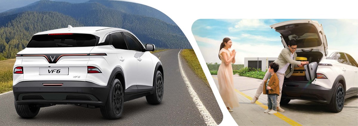 Đuôi xe VinFast VF6 màu trắng và cốp sau mở rộng